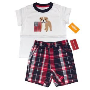 NWT Gymboree Boys Patriotic Bull Dog Applique Tee & Plaid Jogger Shorts